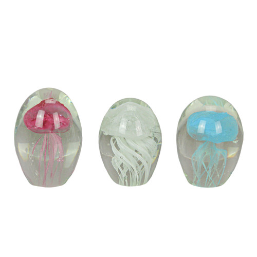 Blue Pink and White Glass Art Glow In the Dark Jellyfish Paperweights Set of 3 Main image