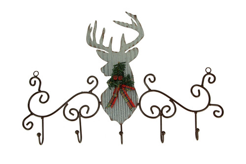 Metal Art Scroll Rustic Deer with Pine and Bow Wall Hook Rack Main image