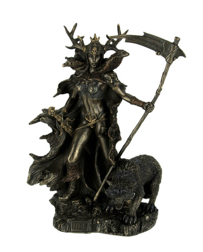 Hel Norse Goddess of the Underworld Holding Scythe with Birds and Wolf Statue Main image