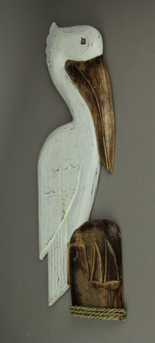 White Wood Coastal Pelican Perched On Nautical Piling Wall Sculpture 24 inch Additional image