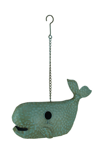 Blue Metal Art Dimpled Whale Shaped Outdoor Hanging Birdhouse Sculpture 17 inch Main image