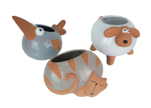 Set of 3 Ceramic Planters Glazed Hand Painted Taupe Cat Grey Bird White Sheep Main image