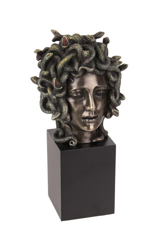 Cast Bronze Resin Medusa Head Figure on Plinth Bust Sculpture Painted Accent Art Main image