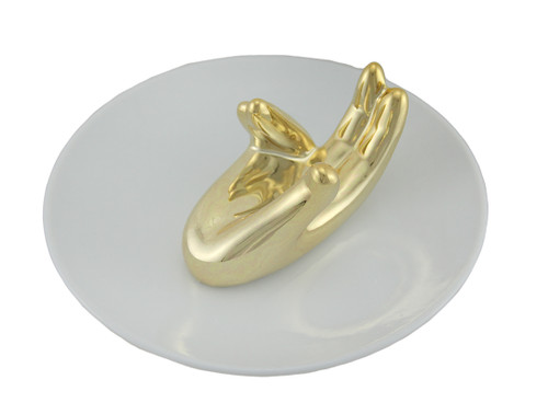 Gold Painted White Ceramic Helping Hand Jewelry Dish Ring Holder Main image