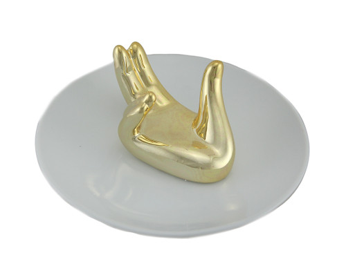 Gold Painted White Ceramic Helping Hand Jewelry Dish Ring Holder Additional image