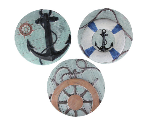 Set of 3 Concrete Nautical Circular Stone Sculptures Anchor Wheel Hanging Decorative Art Main image