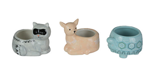 3 Forest Critters Raccoon Deer and Tortoise Dolomite Ceramic Mini Planters Main image