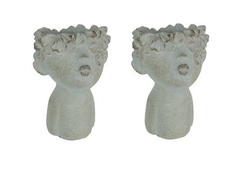 Set of 2 Pucker Up Junior Kissing Face Weathered Finish Concrete Head Planter Main image