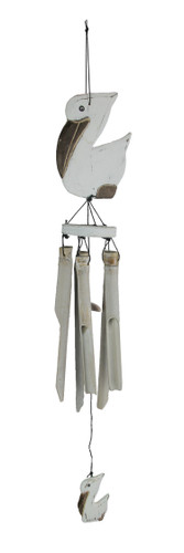 Hand Carved Wood and Bamboo Coastal Perched Pelican Wind Chime for Yard Patio Main image