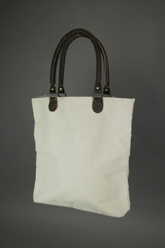 Lattice Basket Weave Cotton Tote Bag W/ Leather Handles 16 X 15 Inches Additional image