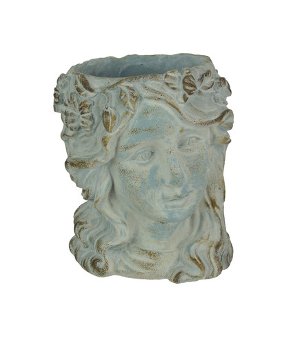 Weathered Blue-Gray Concrete Olive Wreath Roman Lady Head Planter 8 Inches High Main image