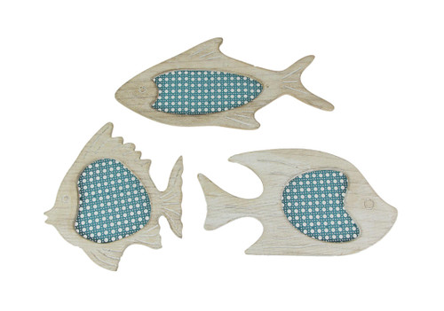 Set of 3 Blue and White Wood and Metal Mesh Fish Wall Hangings Main image