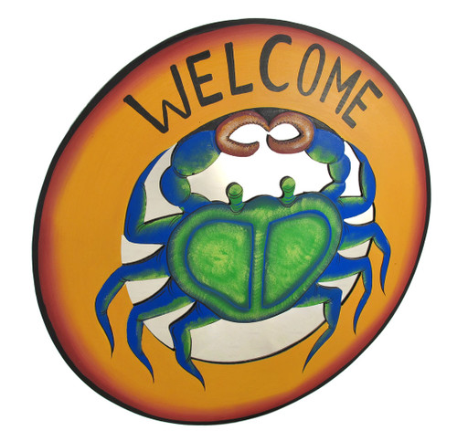 Large Round Blue Crab Mirrored `Welcome` Plaque Main image