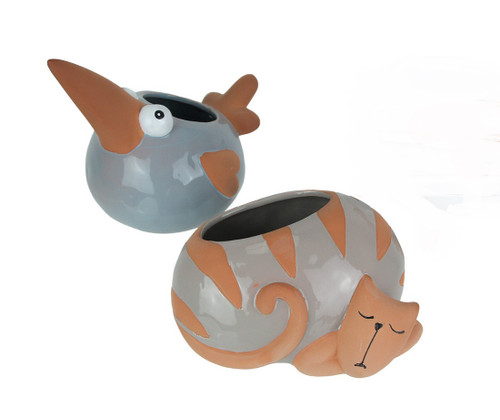 Set of 2 Ceramic Planters Glazed Hand Painted Taupe Cat Grey Bird Main image