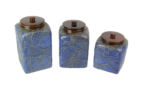 Set of 3 Blue / Brown Fish Design Ceramic Storage Canisters Main image