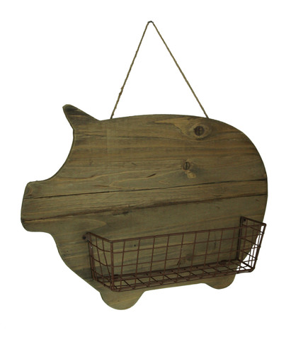 Rustic Wood Farmhouse Pig and Metal Wire Wall Basket Main image