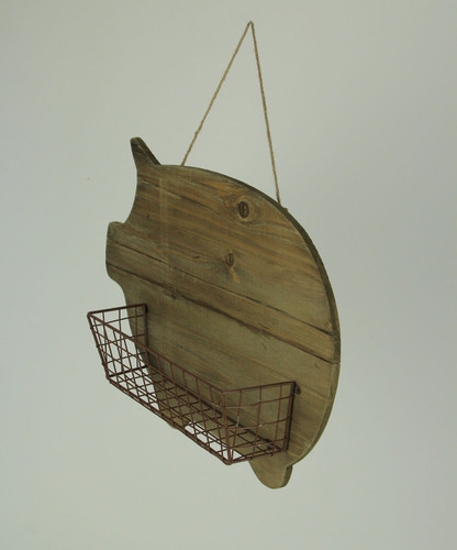Rustic Wood Farmhouse Pig and Metal Wire Wall Basket Additional image