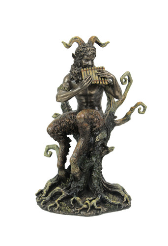 Bronzed Finish Greek Mythology Faun Pan Playing Flute In Forest Statue Main image