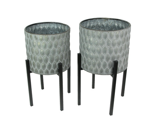 Set of 2 Galvanized Zinc Finish Leaf Pattern Metal Planters With Wooden Stands Main image