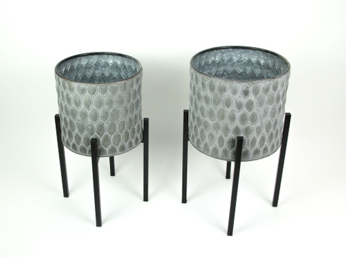 Set of 2 Galvanized Zinc Finish Leaf Pattern Metal Planters With Wooden Stands Additional image