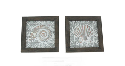 Set of 2 Wood Framed Stamped Metal Coastal Seashell Wall Hangings Main image
