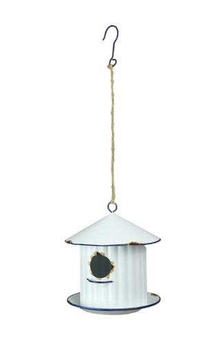 Weathered White Silo Design Hanging Metal Birdhouse With Blue Trim Main image