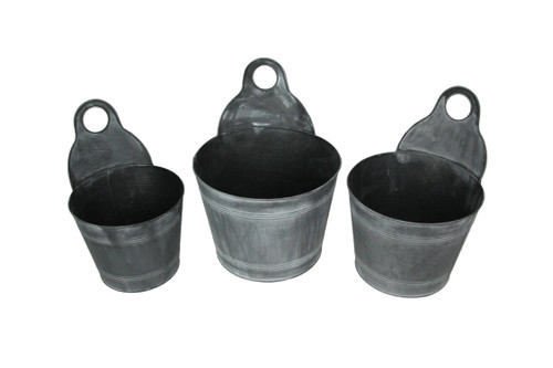 Set of 3 Charcoal Gray Finish Metal Bucket Style Hangable Planters Main image