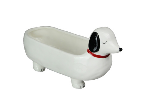 Adorable Happy Dachshund Dog White Ceramic Planter 10.75 Inches Long Main image