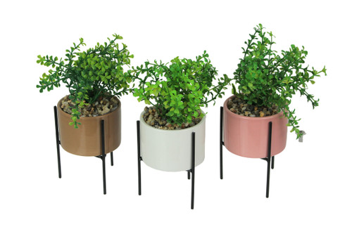 Set of 3 Artificial Potted Succulent Plants W/ Ceramic Planters And Metal Stands Main image