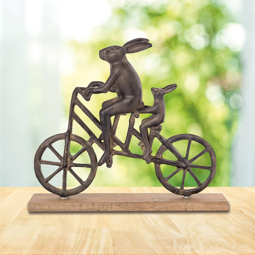 SPI Home Cast Aluminum and Wood Rabbit and Baby on Bicycle Tabletop Statue Main image
