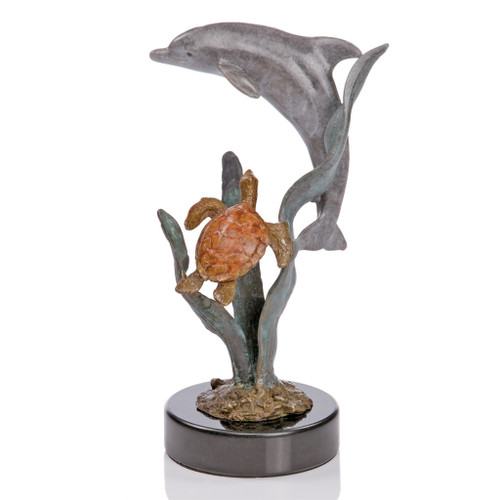SPI Home Brass and Marble Paradise Dolphin & Turtle Statue 7 Inches High Main image