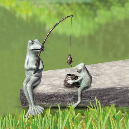 SPI Home Cast Aluminum Fishing Frog Mama & Baby Garden Sculpture Main image