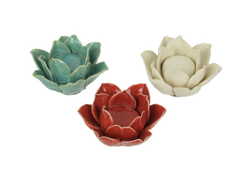 Set of 3 Ceramic Flower Tealight Candle Holders Decorative Votive Light Decor Main image