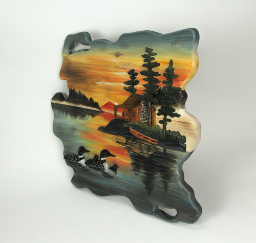 Loon Family Lake Cabin Sunset Hand Carved Natural Wood Wall Art Home Lodge Decor Additional image