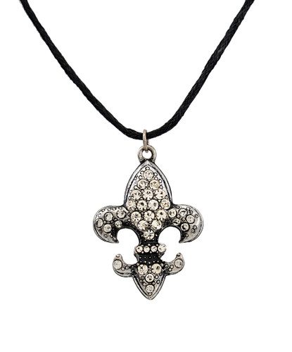 Rhinestone Fleur de Lis with Black Cord Necklace Main image