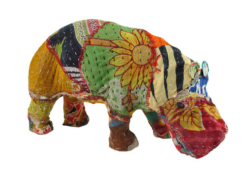 Vintage Sari Fabric Decorated Paper Mache Hippo Sculpture 6 in. Main image