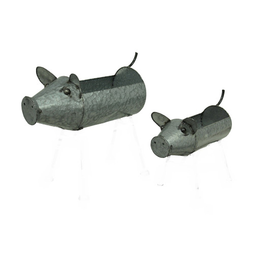 Galvanized Metal Set of 2 Indoor/Outdoor Pig Planter Sculptures Main image