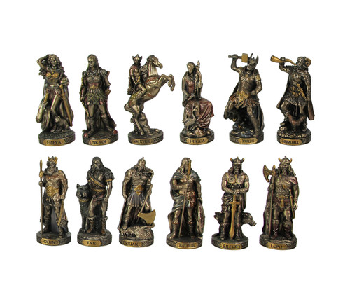 Bronze Finished 12 Piece Norse Gods and Goddesses Miniature Statue Set Main image