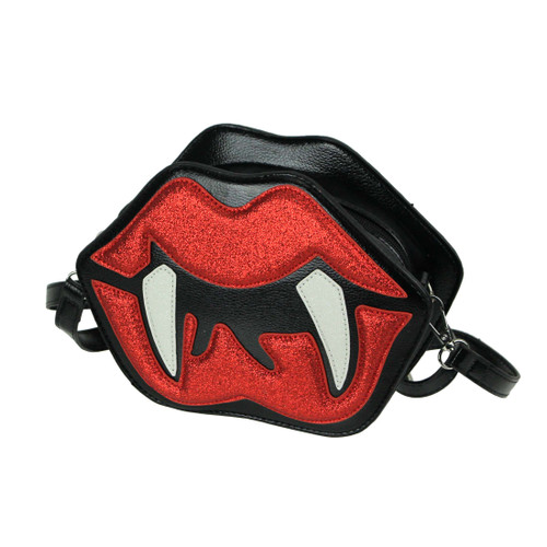 Glittery Red Vampire Lips With Fangs Black Vinyl Crossbody Handbag Main image