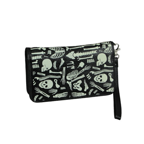 Glow in the Dark Skeleton Print Black Vinyl Wallet With Removable Wrist Strap Main image