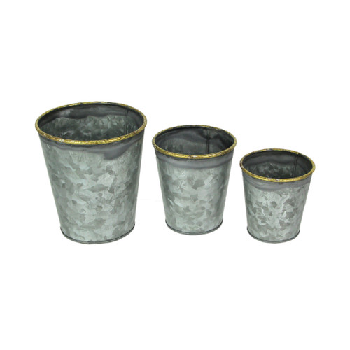 Set / 3 Galvanized Zinc Finish Primitive Buckets Hand Painted Metallic Gold Rims Main image