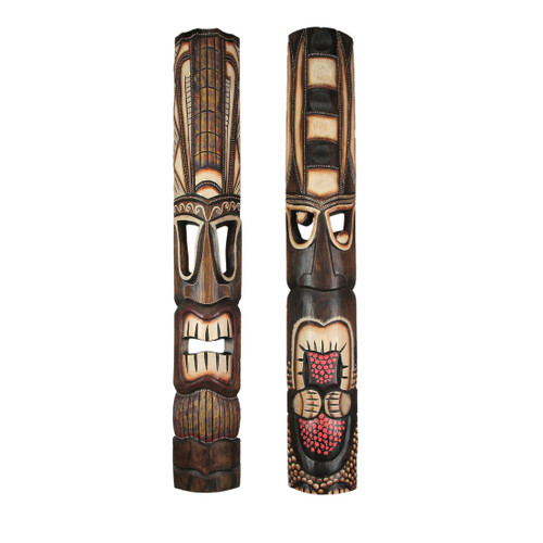 40 Inch Set of 2 Hand Made Wooden Tiki Masks Decorative Tropical Wall Art Decor Main image