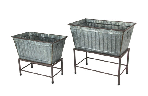 Rectangular Galvanized Metal Tub Planters On Stand Set of 2 Main image