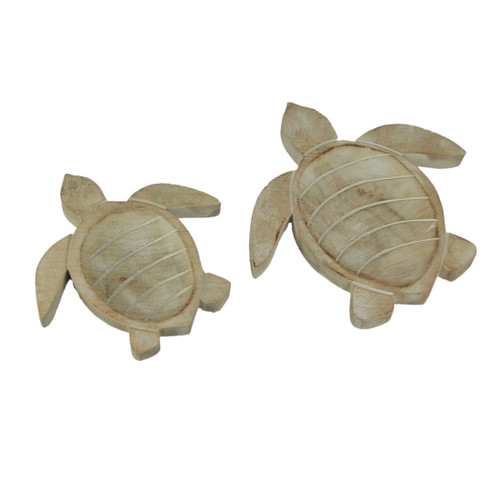 Set of 2 Hand Carved Wooden Sea Turtle Decorative Bowl 8 and 10 Inch Main image