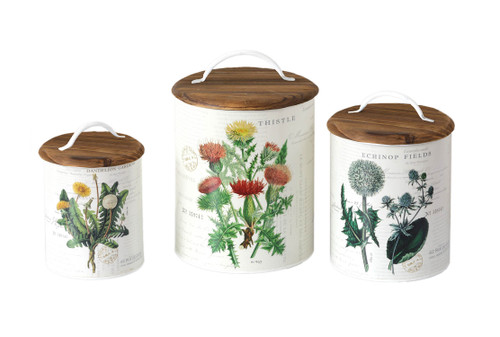 Set of 3 Wooden Top Botanical Design Metal Kitchen Canisters Main image