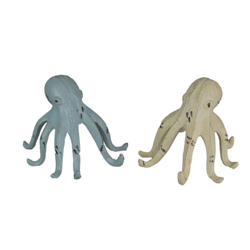Set of 2 Weathered Cast Iron Octopus Tabletop Statues Light Blue and White Main image