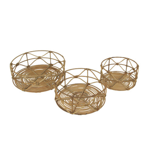 Set of 3 Metal and Rattan Nesting Round Basket Trays Main image