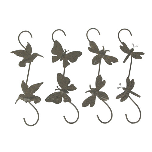 Set of 4 Rustic Metal Hook Plant Hangers Hummingbird, Bee, Butterfly, Dragonfly Main image