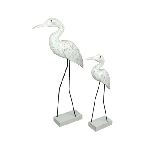 Set of 2 Hand Carved Wood and Metal White Egret Bird Statues Coastal Decor Main image