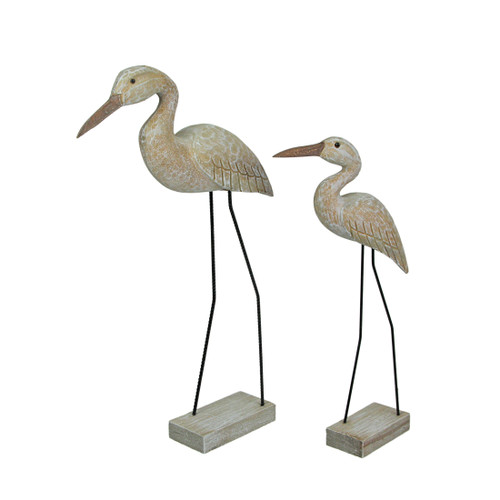 Set of 2 Hand Carved White Washed Wood Bird Statue Home Coastal Decor Sculpture Main image